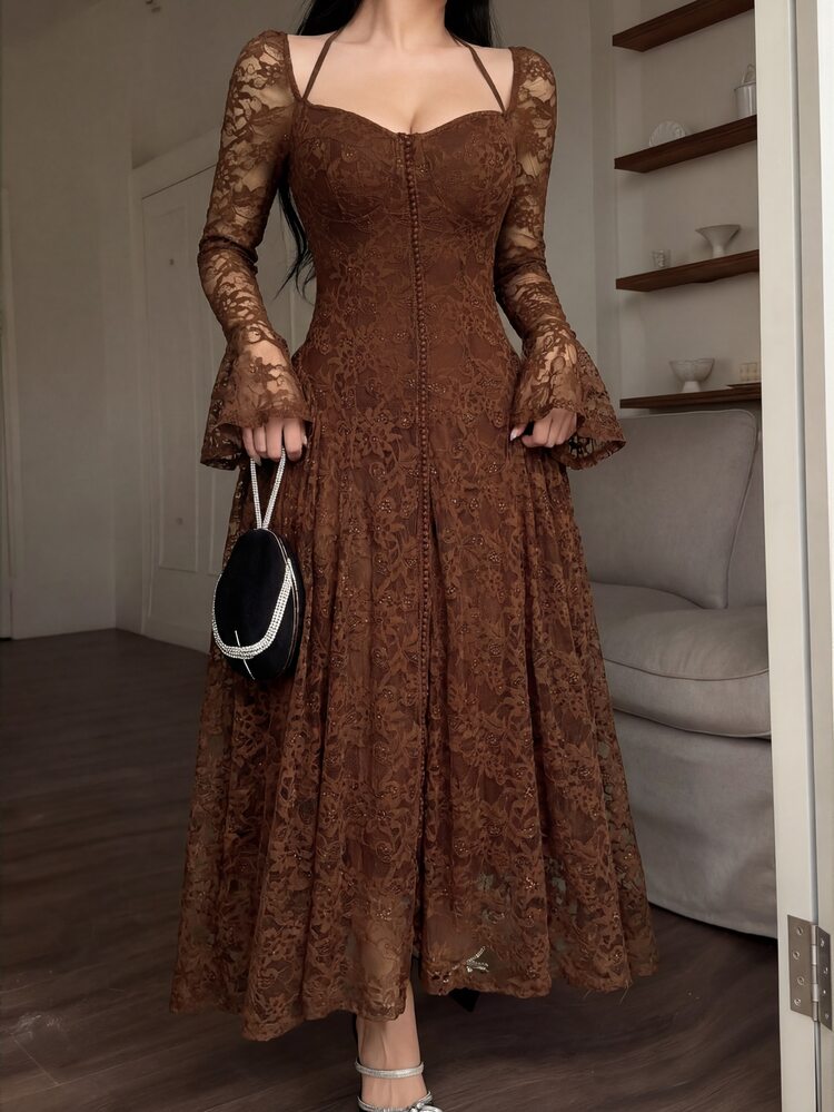 Feyla Women's Elegant Lace Waist Flare Sleeve Midi Dress,Summer Dresses For Women - Coffee Brown - View 4