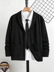 Jaket Kardigan Rajut Kasual Hitam untuk Remaja Laki-Laki, Lucu, dengan Kerah Syal, Kancing Bulat Satu Baris, Cocok untuk Pesta Musim Gugur dan Sekolah Menengah Atas - Hitam - View 4