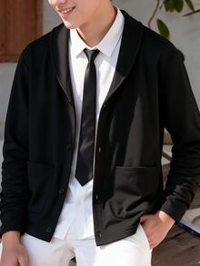 Jaket Kardigan Rajut Kasual Hitam untuk Remaja Laki-Laki, Lucu, dengan Kerah Syal, Kancing Bulat Satu Baris, Cocok untuk Pesta Musim Gugur dan Sekolah Menengah Atas - Hitam - View 3