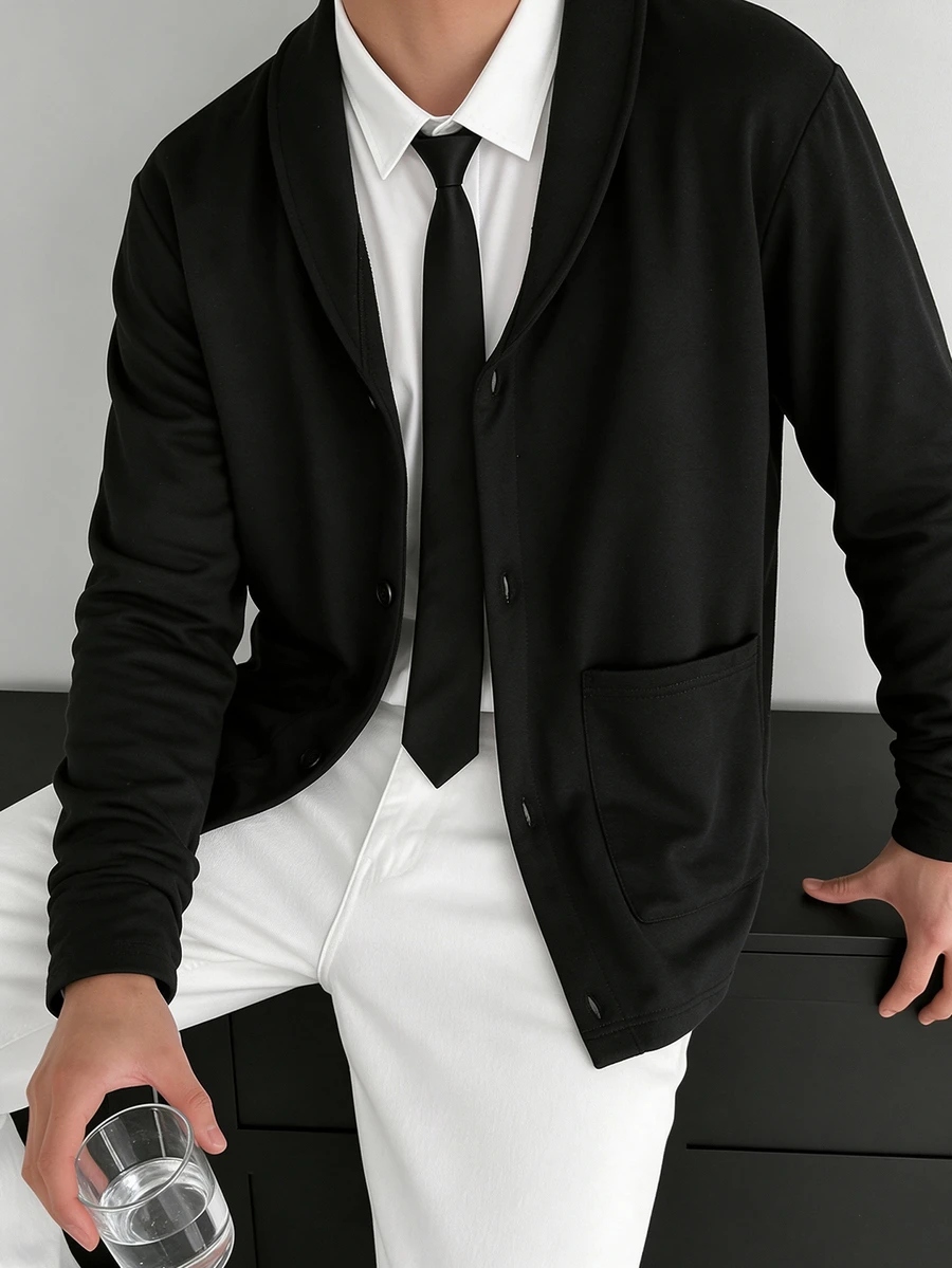 Jaket Kardigan Rajut Kasual Hitam untuk Remaja Laki-Laki, Lucu, dengan Kerah Syal, Kancing Bulat Satu Baris, Cocok untuk Pesta Musim Gugur dan Sekolah Menengah Atas - Hitam - View 1