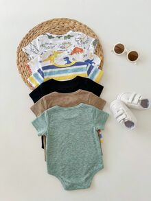 6件/套新生儿男女宝宝透气纯色短袖连体衣，春夏基础款连体衣多件装，适合内搭或外穿 - 彩色 - 查看 2