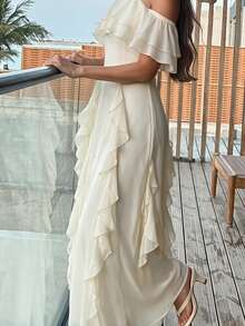 Alya Khalil Apricot Off-Shoulder Ruffle Hem Chiffon Dress, Elegant Romantic Long Dress For Women, Spring/Summer - Apricot - View 4