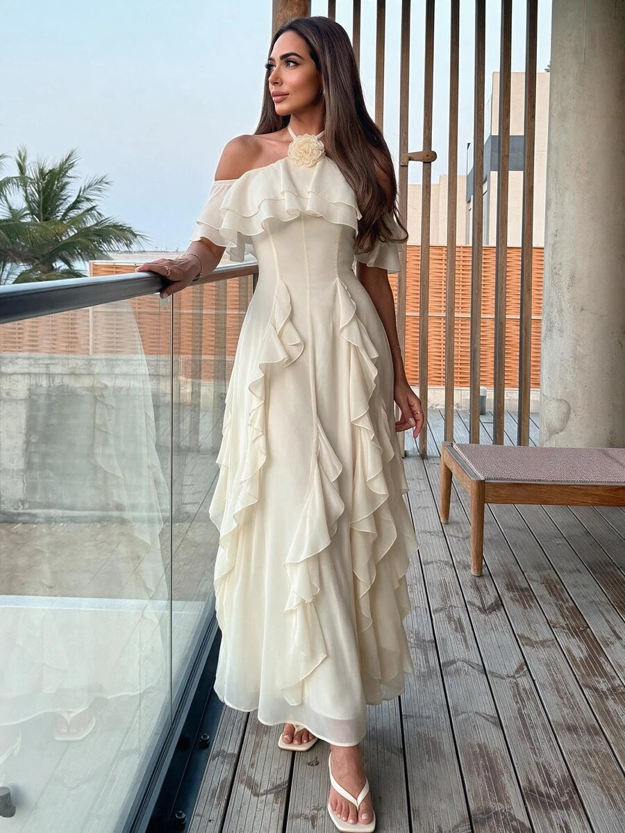 Alya Khalil Apricot Off-Shoulder Ruffle Hem Chiffon Dress, Elegant Romantic Long Dress For Women, Spring/Summer - Apricot - View 1