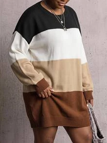 SHEIN CURVE+ Plus Size Women's Autumn/Winter Round Neck Loose Comfortable Home Wear Slimming Striped Knit Sweater Dress, Suitable For 5XL-8XL - Multicolor - View 1