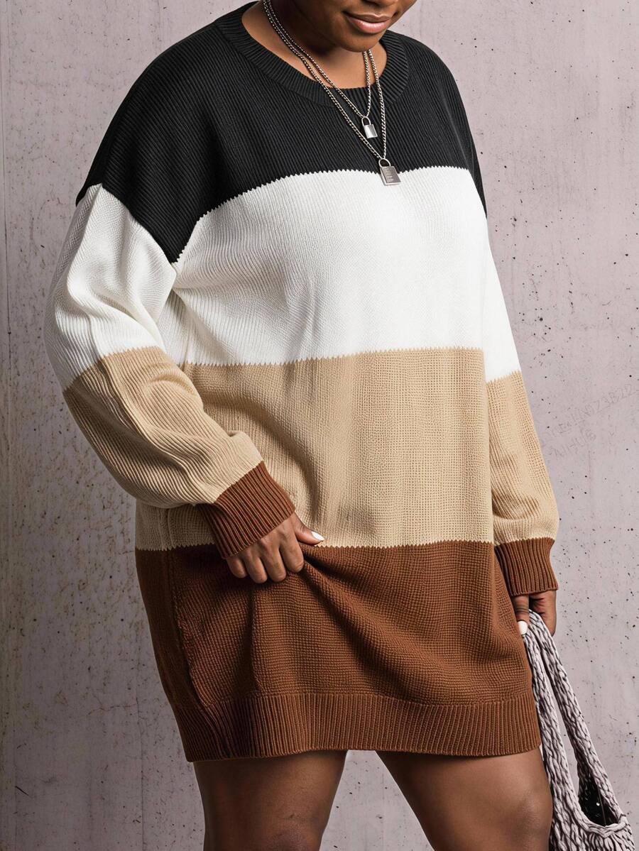 SHEIN CURVE+ Plus Size Women's Autumn/Winter Round Neck Loose Comfortable Home Wear Slimming Striped Knit Sweater Dress, Suitable For 5XL-8XL - Multicolor - View 1