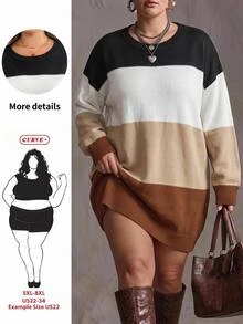 SHEIN CURVE+ Plus Size Women's Autumn/Winter Round Neck Loose Comfortable Home Wear Slimming Striped Knit Sweater Dress, Suitable For 5XL-8XL - Multicolor - View 4