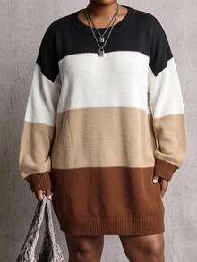 SHEIN CURVE+ Plus Size Women's Autumn/Winter Round Neck Loose Comfortable Home Wear Slimming Striped Knit Sweater Dress, Suitable For 5XL-8XL - Multicolor - View 5