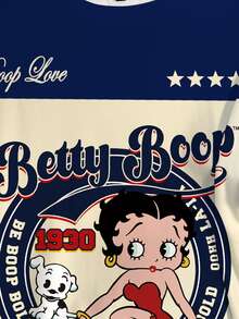 Betty Boop x SHEIN Plus Size Women's Casual Fashion Street Chic Daily Commute Cartoon Letter Print Contrast Color Loose Short Sleeve T-Shirt - White - View 6