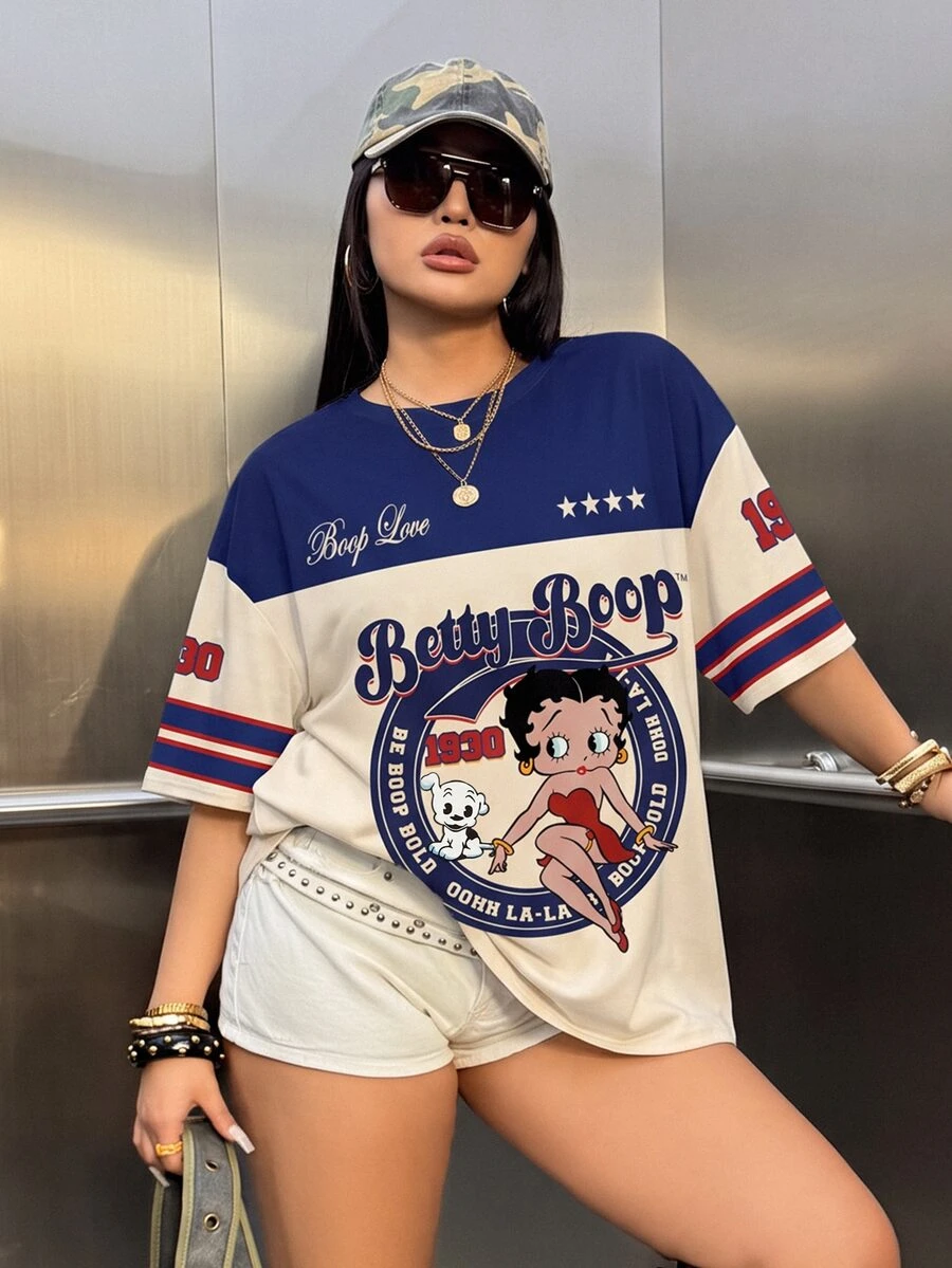 Betty Boop x SHEIN Plus Size Women's Casual Fashion Street Chic Daily Commute Cartoon Letter Print Contrast Color Loose Short Sleeve T-Shirt - White - View 1