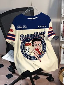 Betty Boop x SHEIN Plus Size Women's Casual Fashion Street Chic Daily Commute Cartoon Letter Print Contrast Color Loose Short Sleeve T-Shirt - White - View 4