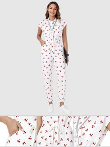 TaskEZ Scrub Uniform Jumpsuit, Vintage Cherry Print Pattern Cute Women's Nurse Scrub Uniform, Scrub Suit, Healthcare Worker Scrub Uniform, Matte Print Jumpsuit With Shoulder Sleeves, 4 Pockets And Waist Drawstring - Multicolor - View 8