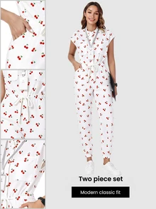 TaskEZ Scrub Uniform Jumpsuit, Vintage Cherry Print Pattern Cute Women's Nurse Scrub Uniform, Scrub Suit, Healthcare Worker Scrub Uniform, Matte Print Jumpsuit With Shoulder Sleeves, 4 Pockets And Waist Drawstring - Multicolor - View 1