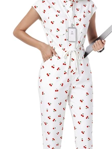 TaskEZ Scrub Uniform Jumpsuit, Vintage Cherry Print Pattern Cute Women's Nurse Scrub Uniform, Scrub Suit, Healthcare Worker Scrub Uniform, Matte Print Jumpsuit With Shoulder Sleeves, 4 Pockets And Waist Drawstring - Multicolor - View 7