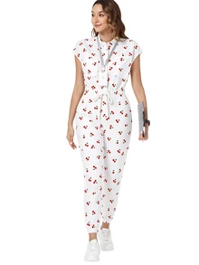 TaskEZ Scrub Uniform Jumpsuit, Vintage Cherry Print Pattern Cute Women's Nurse Scrub Uniform, Scrub Suit, Healthcare Worker Scrub Uniform, Matte Print Jumpsuit With Shoulder Sleeves, 4 Pockets And Waist Drawstring - Multicolor - View 3