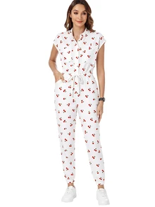 TaskEZ Scrub Uniform Jumpsuit, Vintage Cherry Print Pattern Cute Women's Nurse Scrub Uniform, Scrub Suit, Healthcare Worker Scrub Uniform, Matte Print Jumpsuit With Shoulder Sleeves, 4 Pockets And Waist Drawstring - Multicolor - View 4