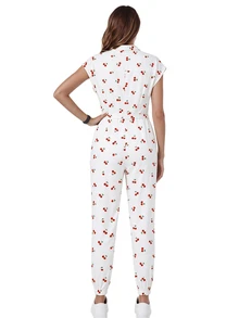 TaskEZ Scrub Uniform Jumpsuit, Vintage Cherry Print Pattern Cute Women's Nurse Scrub Uniform, Scrub Suit, Healthcare Worker Scrub Uniform, Matte Print Jumpsuit With Shoulder Sleeves, 4 Pockets And Waist Drawstring - Multicolor - View 2