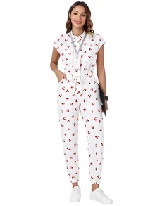 TaskEZ Scrub Uniform Jumpsuit, Vintage Cherry Print Pattern Cute Women's Nurse Scrub Uniform, Scrub Suit, Healthcare Worker Scrub Uniform, Matte Print Jumpsuit With Shoulder Sleeves, 4 Pockets And Waist Drawstring - Multicolor - View 6