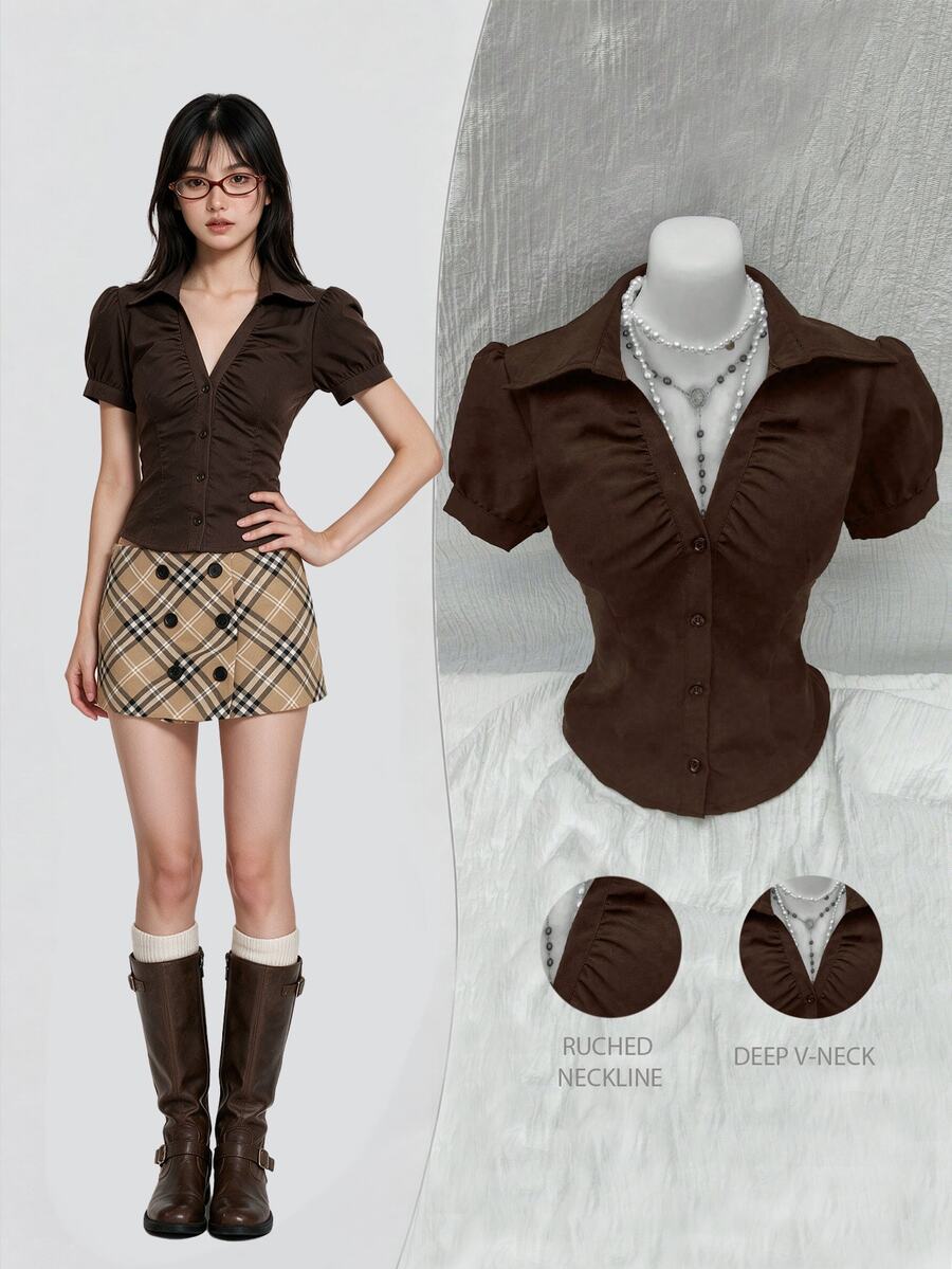 Elamini V-Neck Ruched Cutout Slim Fit Short Sleeve Blouse, Fashion Office Wear For Women Shirt - Brown - View 1