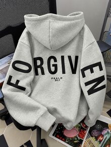 SHEIN Coolqubz 青少年男孩休閒寬鬆款衛衣，酷感後背弧形「FORGIVEN」大方塊字母圖案印花，麻灰色套頭衛衣上衣 - 淺灰色 - 查看 5
