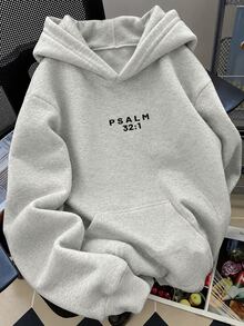 SHEIN Coolqubz 青少年男孩休閒寬鬆款衛衣，酷感後背弧形「FORGIVEN」大方塊字母圖案印花，麻灰色套頭衛衣上衣 - 淺灰色 - 查看 2