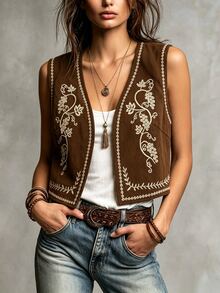 Trelyra Women's Casual Versatile Daily Wear Jacket With Plant Embroidery Pattern - Brown - View 6