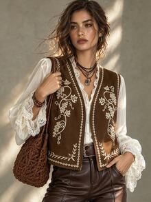 Trelyra Women's Casual Versatile Daily Wear Jacket With Plant Embroidery Pattern - Brown - View 1