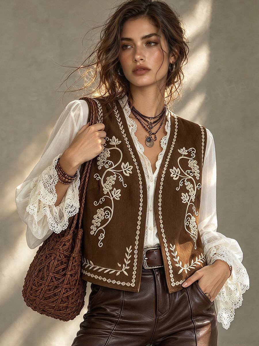 Trelyra Women's Casual Versatile Daily Wear Jacket With Plant Embroidery Pattern - Brown - View 1