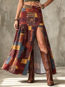 LUMIGAL Vintage Bohemian Print High Slit Long Skirt For Women - Burgundy - View 3