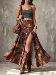 LUMIGAL Vintage Bohemian Print High Slit Long Skirt For Women - Burgundy - View 4