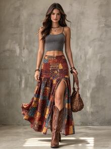 LUMIGAL Vintage Bohemian Print High Slit Long Skirt For Women - Burgundy - View 5