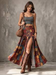 LUMIGAL Vintage Bohemian Print High Slit Long Skirt For Women - Burgundy - View 6
