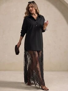 Elegantrix Plus Size Black Plus Size Shirt Dress With Sheer Lace Maxi Skirt, Elegant Long Sleeve Layered Outfit For Daily Fall/Winter - Black - View 3