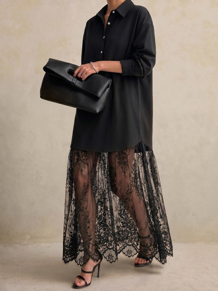 Elegantrix Plus Size Black Plus Size Shirt Dress With Sheer Lace Maxi Skirt, Elegant Long Sleeve Layered Outfit For Daily Fall/Winter - Black - View 1