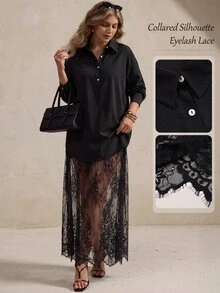 Elegantrix Plus Size Black Plus Size Shirt Dress With Sheer Lace Maxi Skirt, Elegant Long Sleeve Layered Outfit For Daily Fall/Winter - Black - View 2