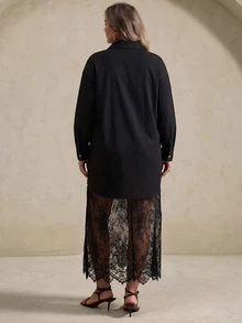 Elegantrix Plus Size Black Plus Size Shirt Dress With Sheer Lace Maxi Skirt, Elegant Long Sleeve Layered Outfit For Daily Fall/Winter - Black - View 7