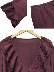 Linhara CURVE Plus Size Women's Autumn Casual Burgundy V-Neck Long Sleeve Ruffle Collar & Cuffs Loose Slimming Top & Wide Leg Pants 2 Pieces Set For Outings Fall - Burgundy - View 7