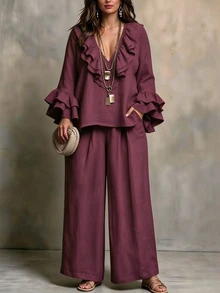 Linhara CURVE Plus Size Women's Autumn Casual Burgundy V-Neck Long Sleeve Ruffle Collar & Cuffs Loose Slimming Top & Wide Leg Pants 2 Pieces Set For Outings Fall - Burgundy - View 3