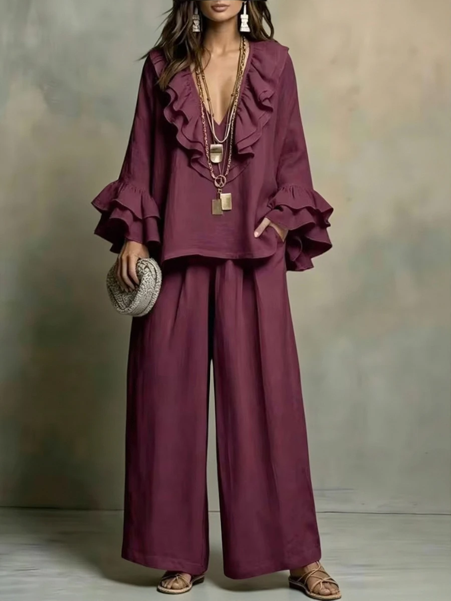 Linhara CURVE Plus Size Women's Autumn Casual Burgundy V-Neck Long Sleeve Ruffle Collar & Cuffs Loose Slimming Top & Wide Leg Pants 2 Pieces Set For Outings Fall - Burgundy - View 1
