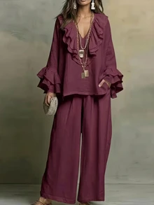 Linhara CURVE Plus Size Women's Autumn Casual Burgundy V-Neck Long Sleeve Ruffle Collar & Cuffs Loose Slimming Top & Wide Leg Pants 2 Pieces Set For Outings Fall - Burgundy - View 4