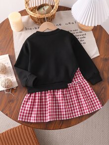 SHEIN Genkimix Kids 女童休閒公主仙女風時尚櫻桃印花蝴蝶結裝飾拼接格紋保暖內裡洋裝，生日、秋冬、聖誕派對適用 - 黑色 - 查看 2