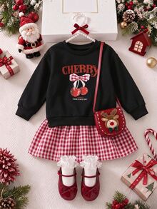 SHEIN Genkimix Kids 女童休閒公主仙女風時尚櫻桃印花蝴蝶結裝飾拼接格紋保暖內裡洋裝，生日、秋冬、聖誕派對適用 - 黑色 - 查看 3