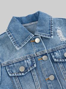 SHEIN 女童 2 件套，復古牛仔女郎基本款做舊短款牛仔夾克牛仔裙套裝，秋季嬰兒藍，日常/休閒/上學/假日 - 中等水洗藍 - 查看 4