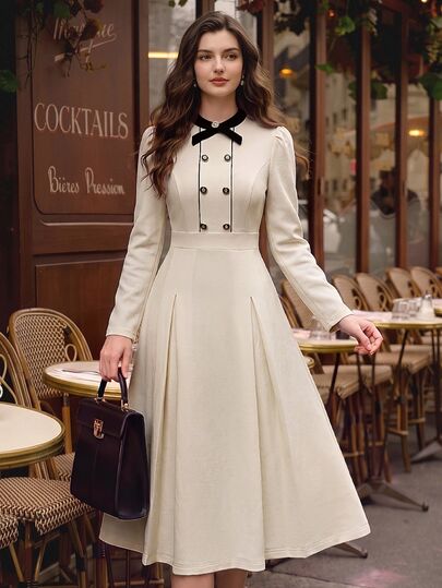 Vintamour Vintage Elegant Women's Dress With Pockets, Contrast Color Bow Tie, Double-Breasted Buttons, Casual Thanksgiving Day Holiday Long Dress, Autumn/Winter