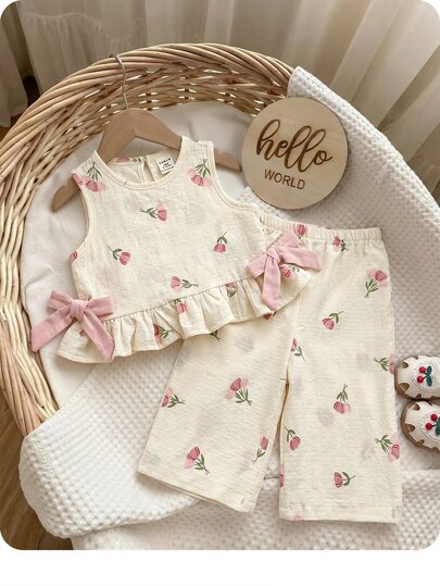 2 Pieces Set Babygirl Cute Summer Pink Bow Sleeveless Top And Elastic Waist Shorts Set