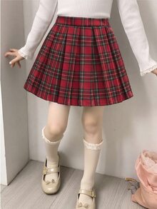 SHEIN 女童時尚休閒公主仙女格紋百褶裙，校園風，聖誕派對嬰兒洗禮 7 歲生日白色彩虹裙，秋季 - 紅色 - 查看 7