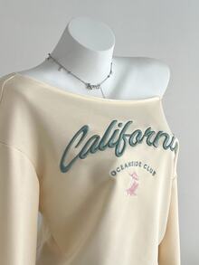 Elamini Women's Asymmetrical Collar Letter Embroidery Loose Casual Sweatshirt For Autumn & Winter Y2K  - Apricot - View 5