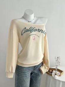 Elamini Women's Asymmetrical Collar Letter Embroidery Loose Casual Sweatshirt For Autumn & Winter Y2K  - Apricot - View 6