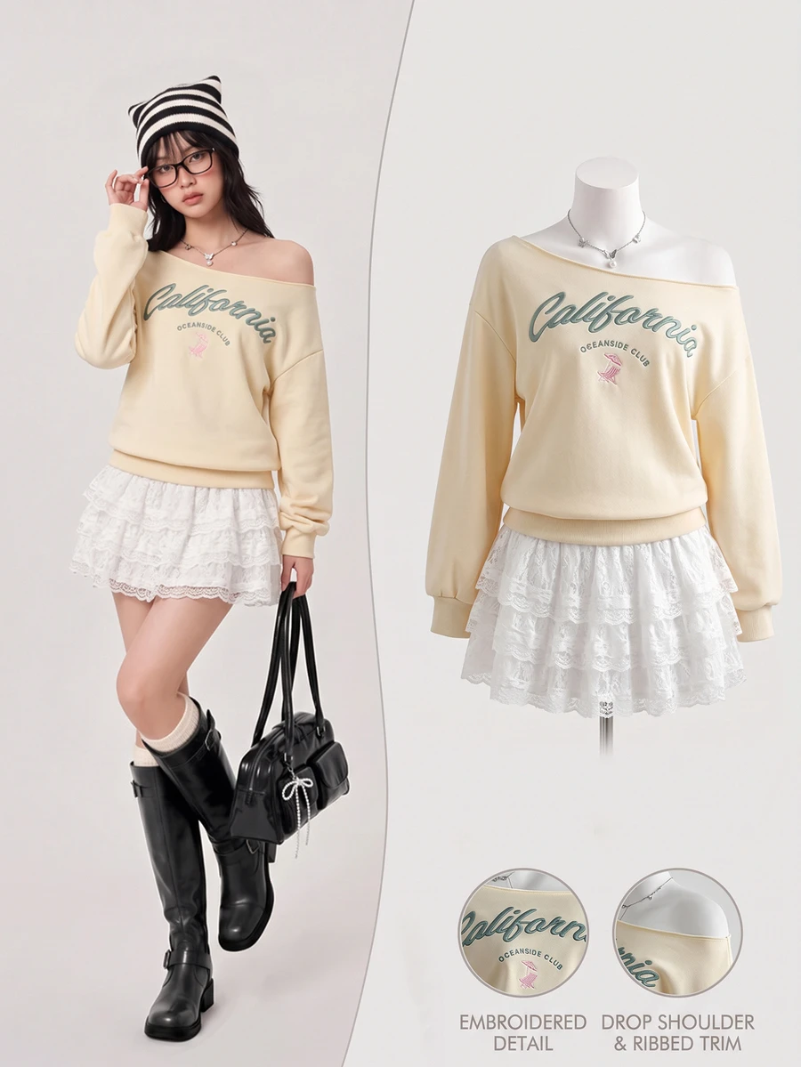 Elamini Women's Asymmetrical Collar Letter Embroidery Loose Casual Sweatshirt For Autumn & Winter Y2K - Apricot - View 1