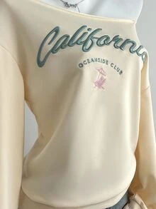 Elamini Women's Asymmetrical Collar Letter Embroidery Loose Casual Sweatshirt For Autumn & Winter Y2K  - Apricot - View 4
