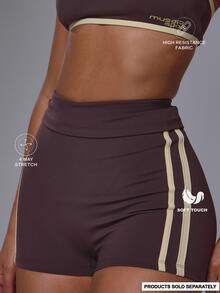 Musera Sport Foldover Stripe Side Low Rise Fitted Soft Touch Active Mini Shorts Coord Bottoms Only  Sport Workout Gym Cute Pilates Fitness Daily - Mocha Brown - View 1